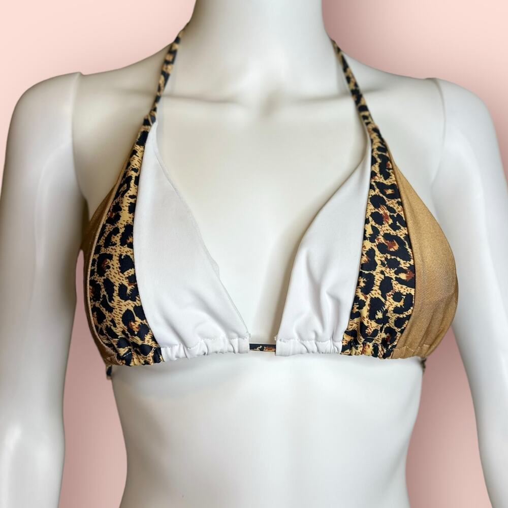 Cheetah Print, White & Gold Small Triangle Bikini Top - Picture 2 of 9